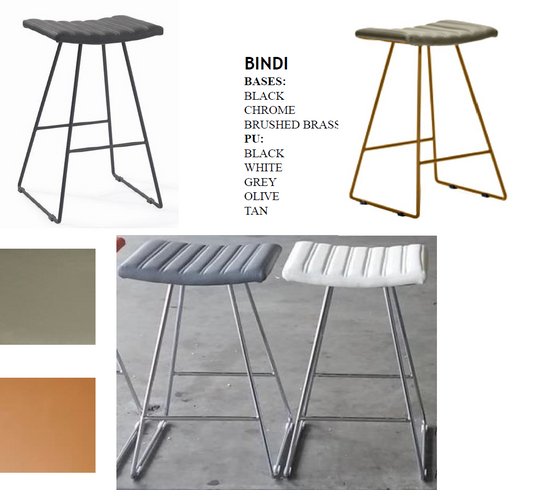 Bindi Kitchen Counter Stool - Chrome Plated; Black or Brass Powder Coated Frame