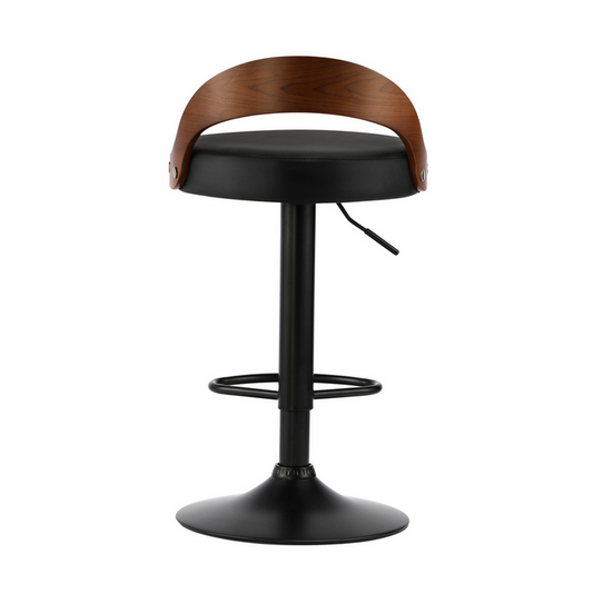 Back view of Bon gas lift Bar stool with wooden backrest and black seat on a white background