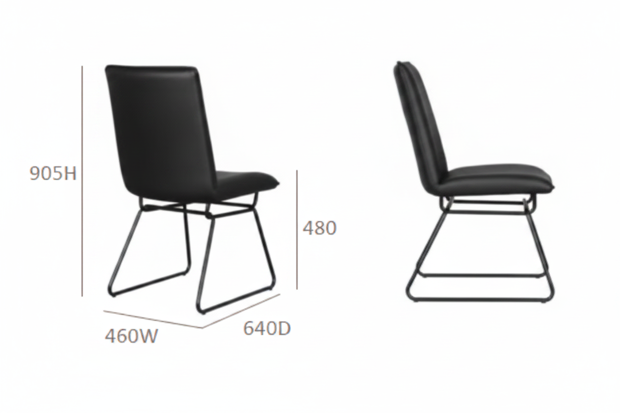 Black dining chair shown from two angles with dimension labels: a rear three-quarter view with height 905H, width 460W, and depth 640D, plus a side profile view with height 480.