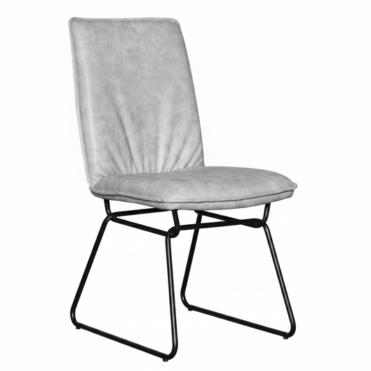 Gray upholstered chair with black metal legs on a white background