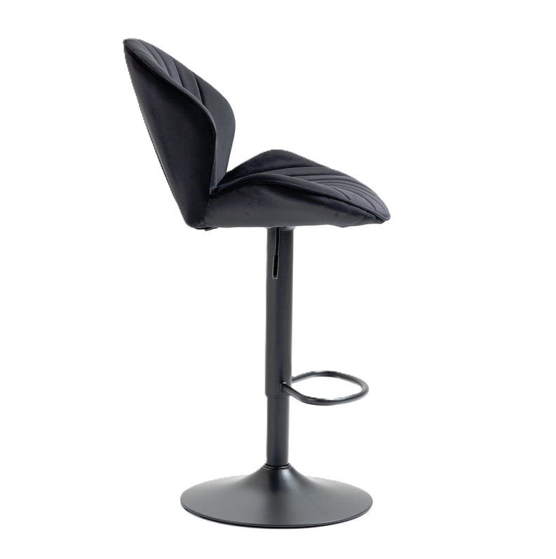 Side view of Jardene black velvet height adjustable bar stool with quilted seat on a white background