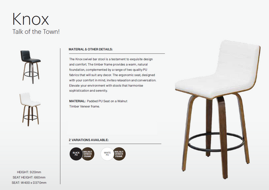 Knox bar stool showing dimensions with white seat and wooden frame on a white background