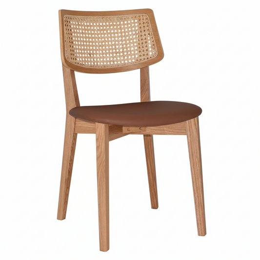 Wooden chair with woven backrest and tan vinyl seat on a white background