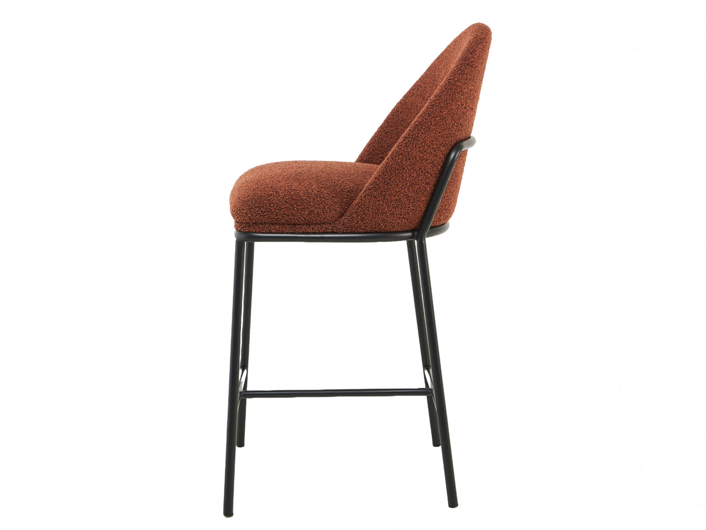 Side view of terracotta bar stool with black metal legs on a white background