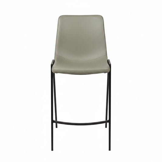 A taupe coloured stool with black metal legs on a white background