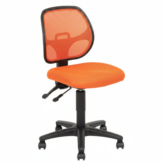 An orange mesh office desk chair with a black five-star wheeled base and adjustable height column, shown against a plain white background.