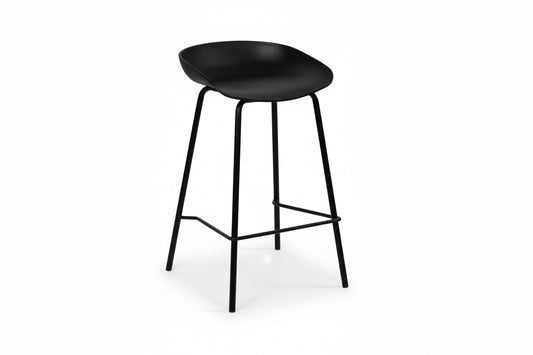 Black bar stool with dimensions marked on a white background