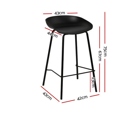 Set of 2 Modern Bar Stools - Matte Black PP Plastic Kitchen Stools with Metal Legs (67cm Seat Height)