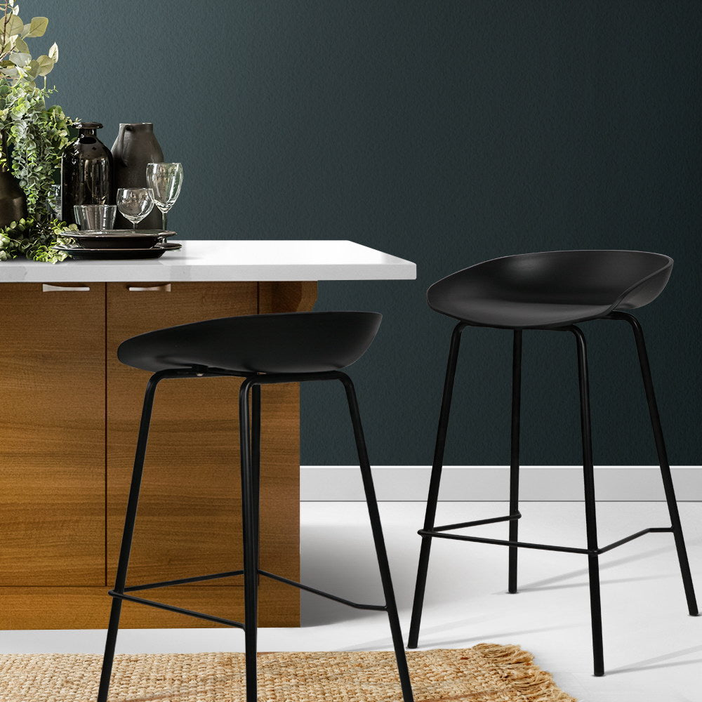 Set of 2 Modern Bar Stools - Matte Black PP Plastic Kitchen Stools with Metal Legs (67cm Seat Height)