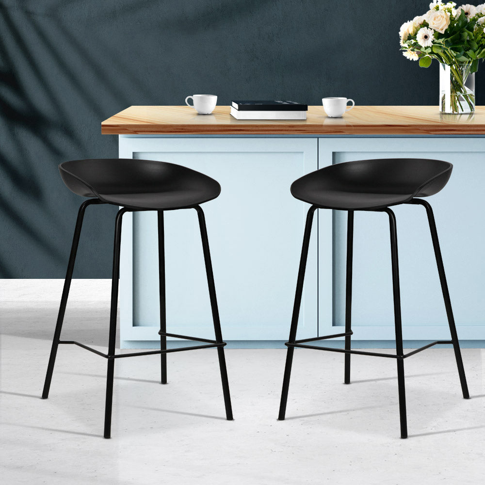 Set of 2 Modern Bar Stools - Matte Black PP Plastic Kitchen Stools with Metal Legs (67cm Seat Height)