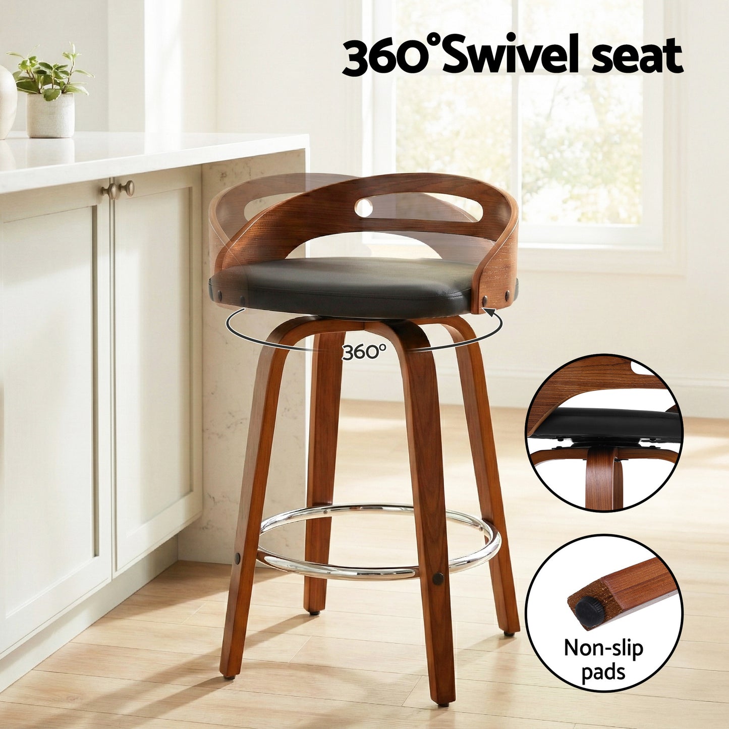 Raquel Walnut Low Back Swivel Kitchen Counter Stool x 2 STOOLS