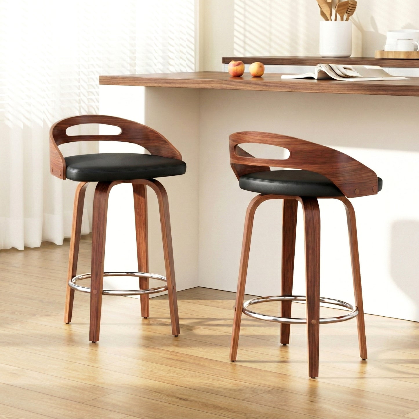 Raquel Walnut Low Back Swivel Kitchen Counter Stool x 2 STOOLS