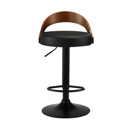 Front view of Bon gas lift Bar stool with wooden backrest and black seat on a white background