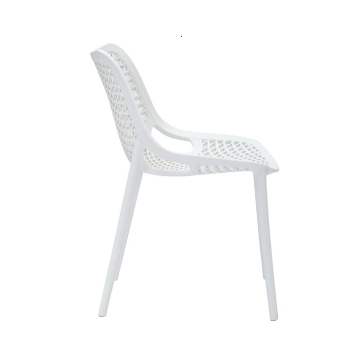 Sideview of Cast White chair with a lattice back and seat on a white background