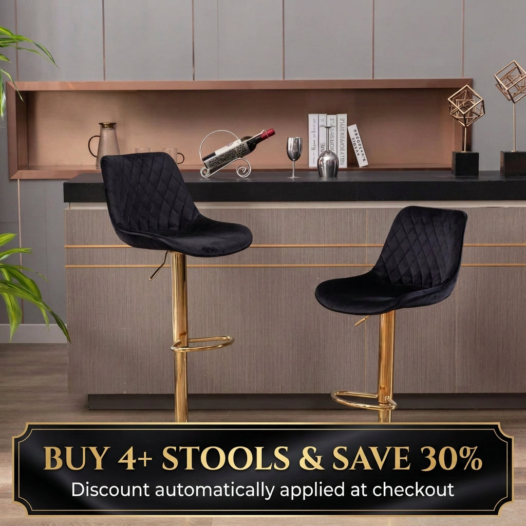 Georgie Adjustable Gas Lift Bar Stool – Black Velvet & Gold Accent Base (Set of 2 Min Order)