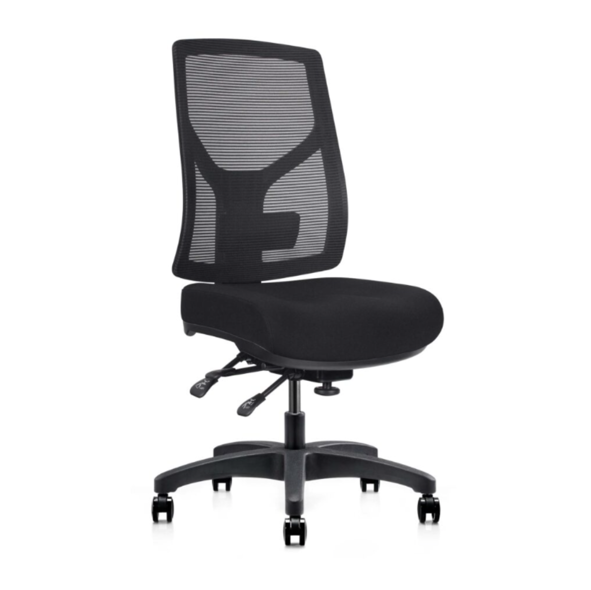 Black office chair with mesh back on a white background