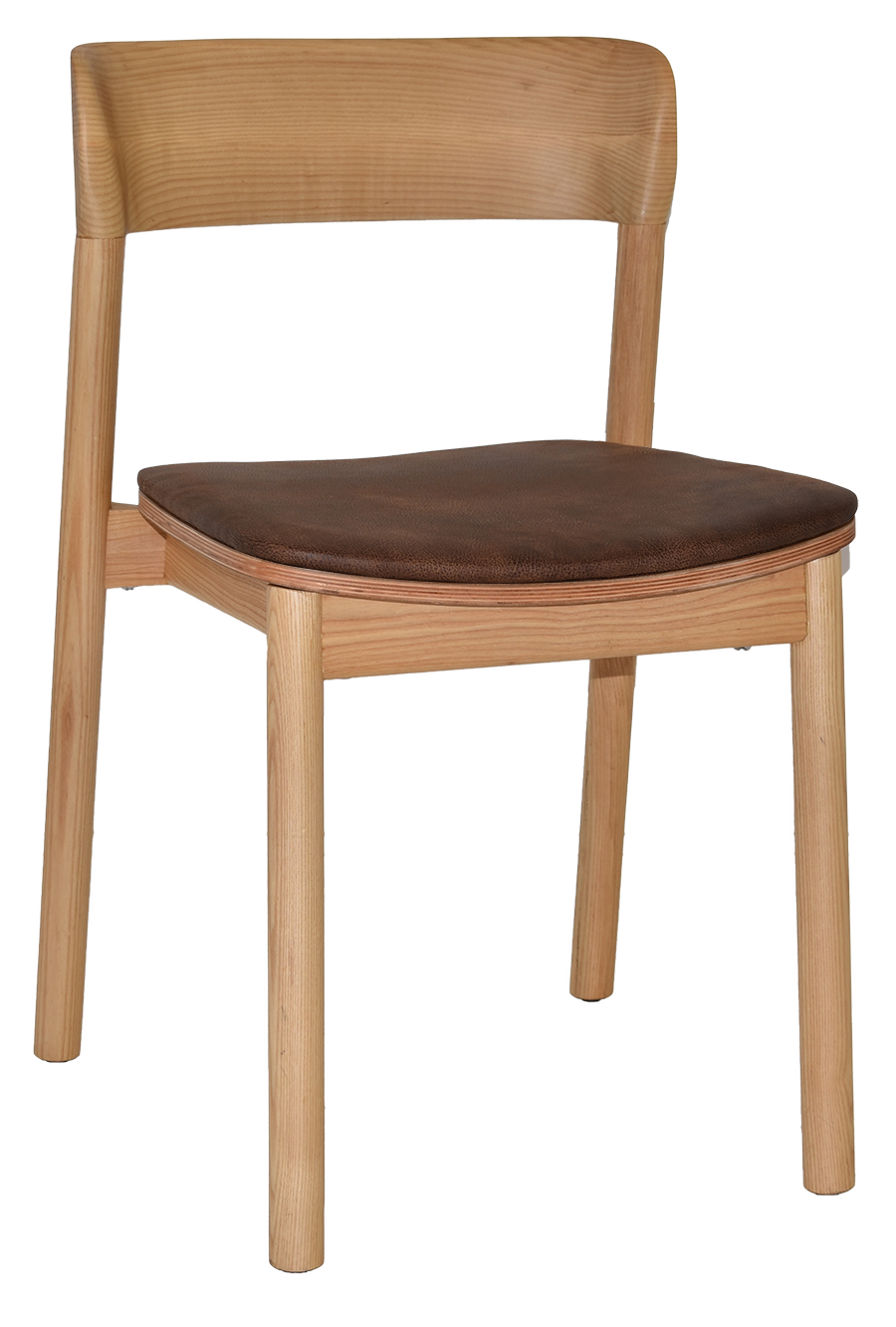 Angled view of Matilda wooden chair with a brown cushion on a white background