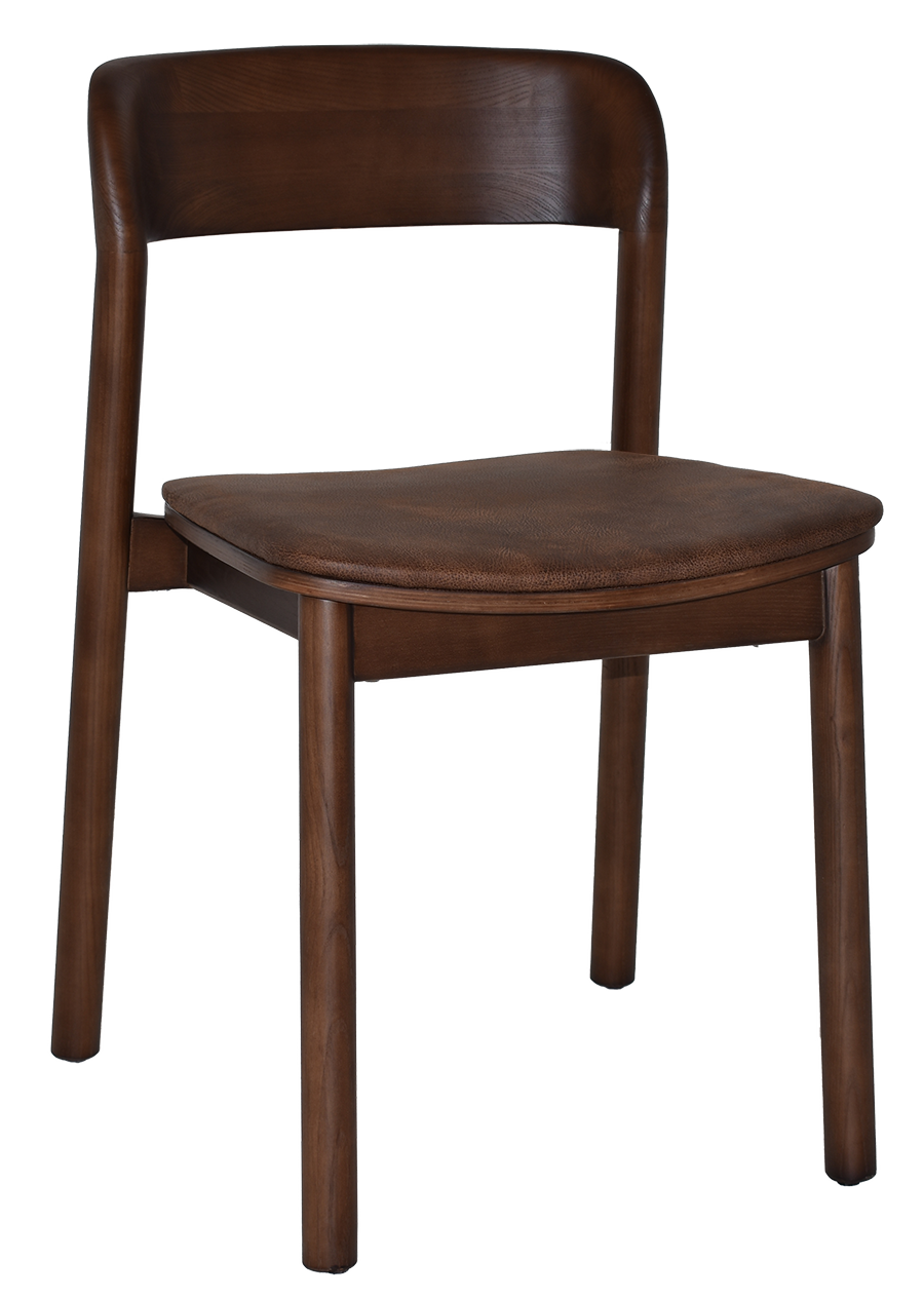 Angled view of Matilda walnut chair with a brown cushion on a white background