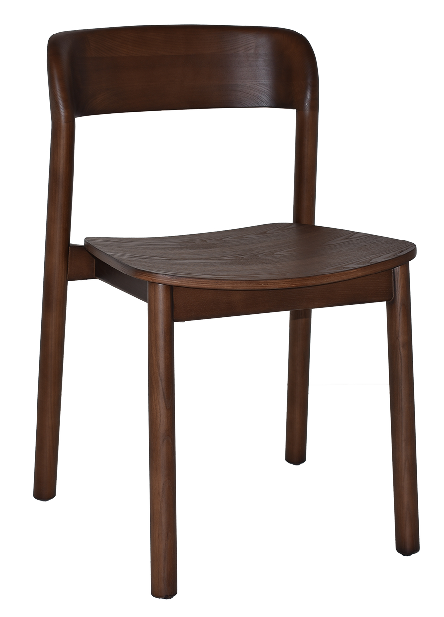 Angled view of Matilda walnut chair with a timber veneer seat on a white background