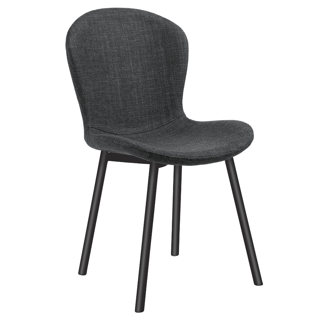 Maya charcoal fabric upholstered chair with black legs on a white background
