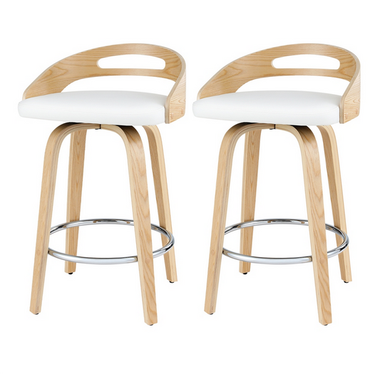 Raquel Two wooden bar stools with white seats on a white background