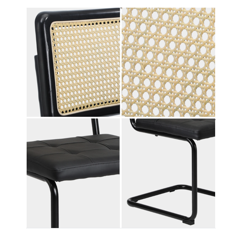 Collage of Steph chair with black frame, wicker backrest, and black seat on a white background.