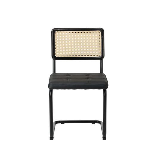 Front view of Steph chair with black frame, wicker backrest, and black cushion on a white background