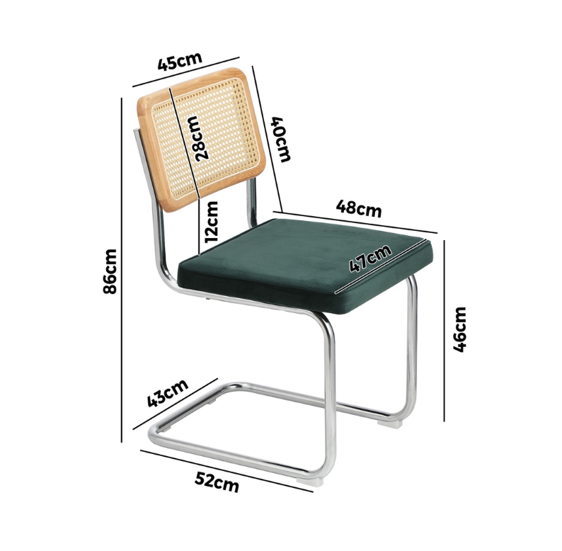 Steph chair with dimensions labeled on a white background