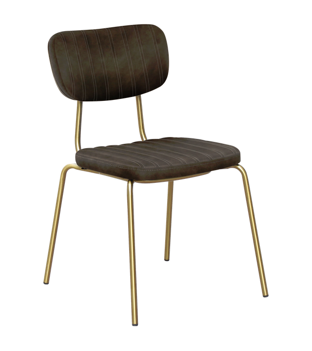 Front angled view of Tiramisu commercial Charcoal fabric chair with brass coloured legs on a white background