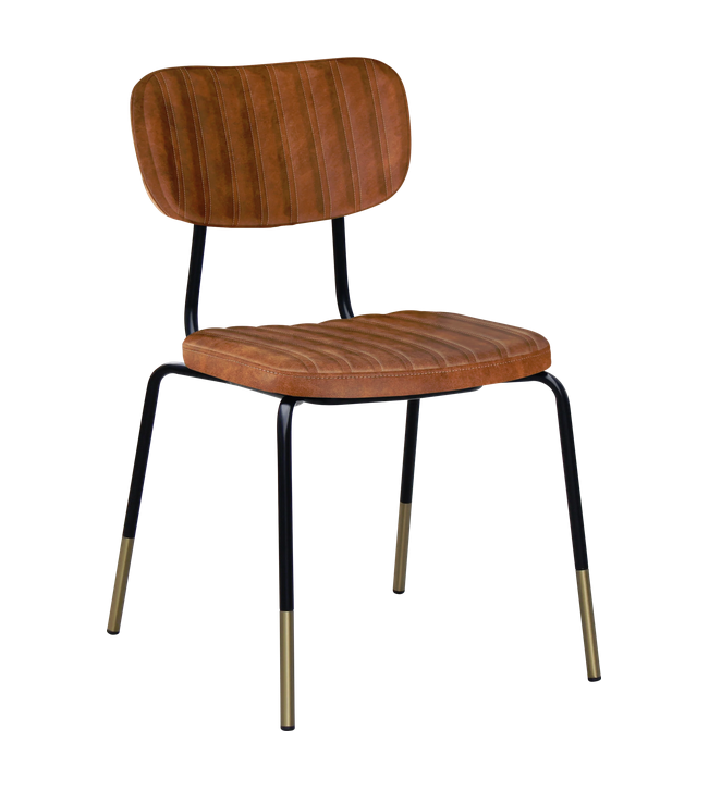 Front angled view of Tiramisu commercial Tan chair with black legs & gold tips on a white background