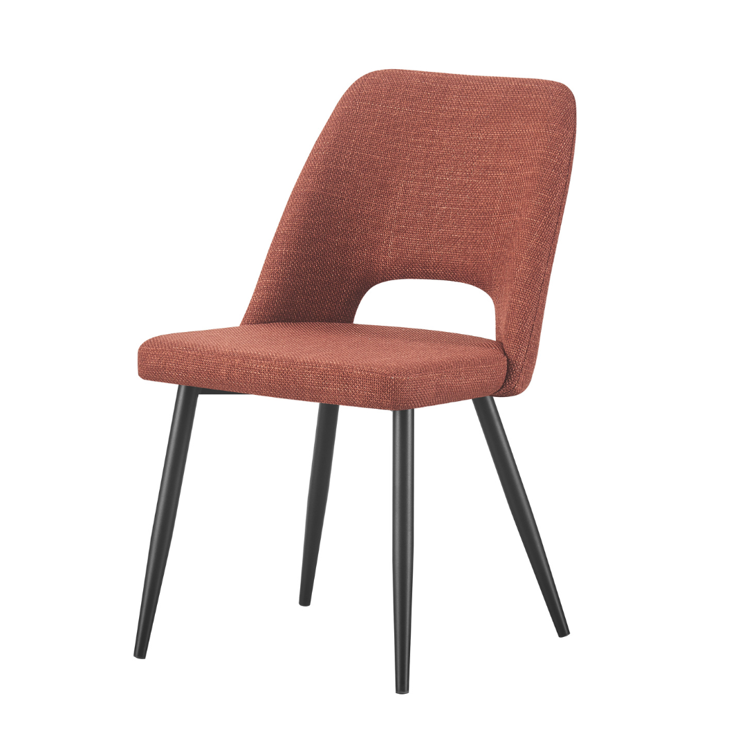 Angled view of Zara russet upholstered chair with black legs on a white background