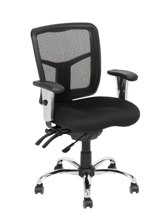 West line ergonomic office chair with black mesh back, padded seat, adjustable armrests, and chrome base
