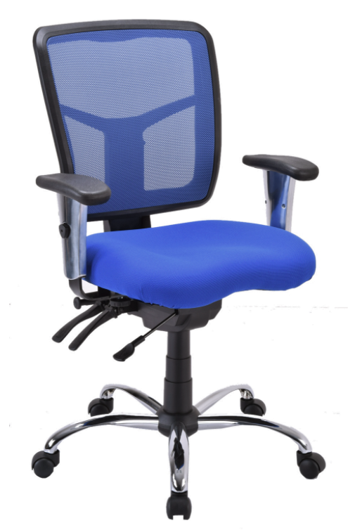 West line ergonomic office chair with blue mesh back, padded seat, adjustable armrests, and caster wheels