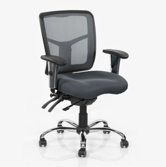 West line ergonomic office chair with mesh back, adjustable armrests, and padded seat on caster wheels