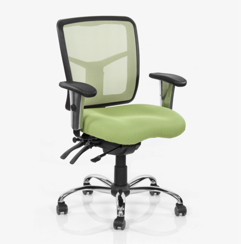 West line ergonomic office chair with green cushioned seat and mesh back with adjustable armrests