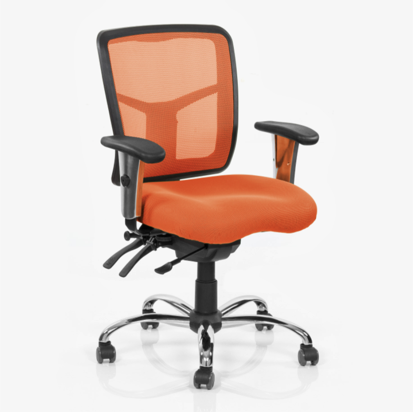 West line ergonomic office chair with orange mesh back and seat, adjustable armrests, and chrome base