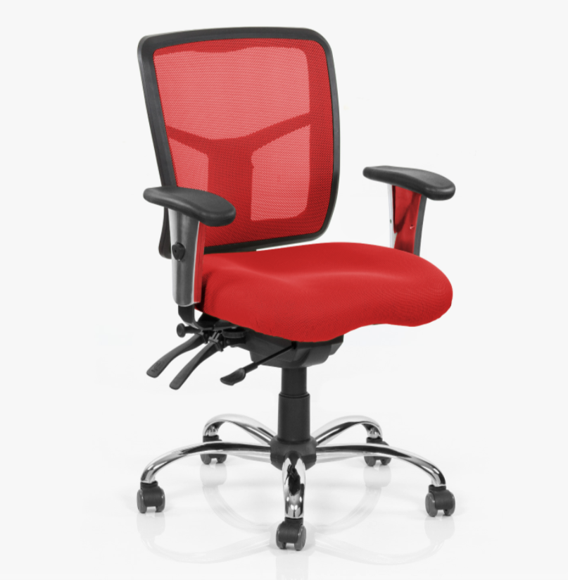West line red ergonomic office chair with mesh back, adjustable armrests, and rolling casters